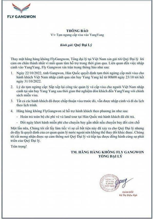 Thông báo của tổng đại lý hãng hàng không Fly Gangwon tại Việt Nam